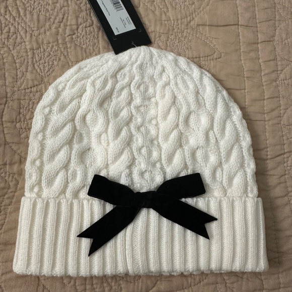 New Kate Spade Cable Knit Velvet Bow Beanie Hat Cream main image 6